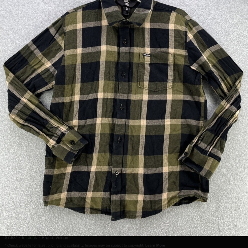 Volcom Olive, Black & Tan Plaid Button-Down Shirt